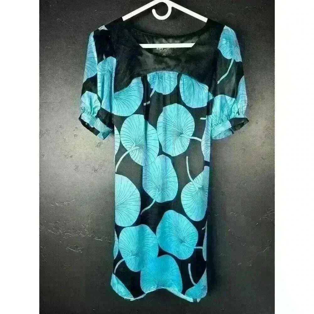 ABS Allen Schwartz Collection Women's Floral Dress Size 2 Blue/Black 100% silk